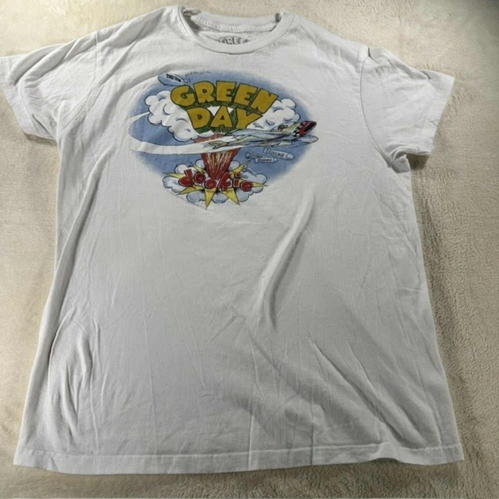Green Day Dookie Graphic T-Shirt White Short Sleeve Cotton Band Tee Medium